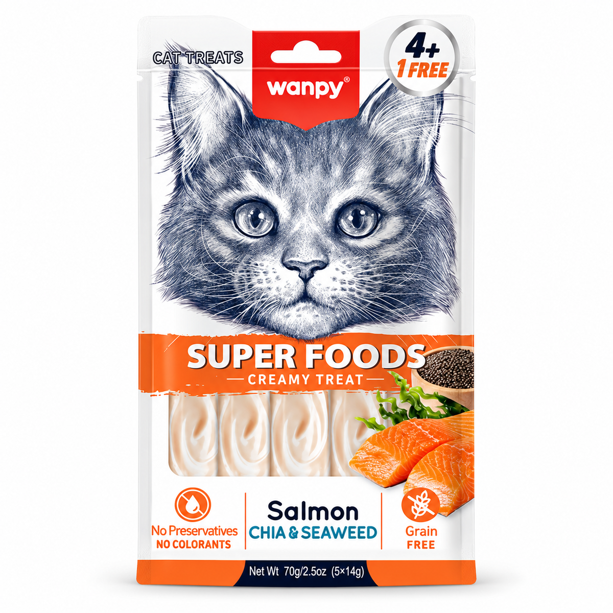 Wanpy Super Foods Creamy Treat Salmon with Chia & Seaweed – 70g (5 × 14g)
