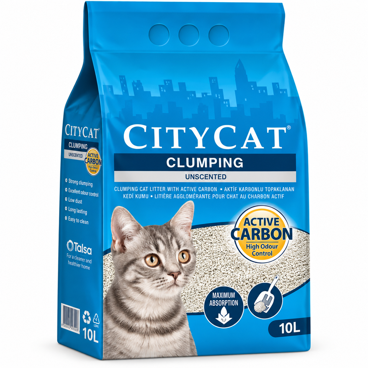 Citycat Clumping Cat Litter with Activated Carbon Unscented – 10 L