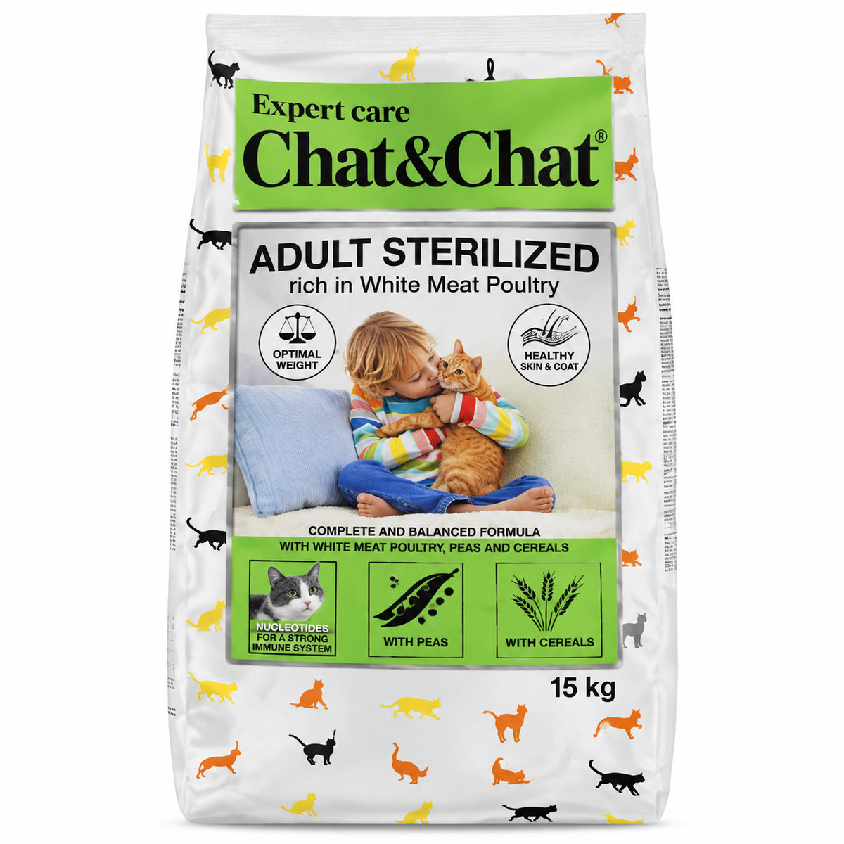 Chat & Chat Adult Sterilized Dry Cat Food with White Meat Poultry, Peas & Cereals – 15 KG