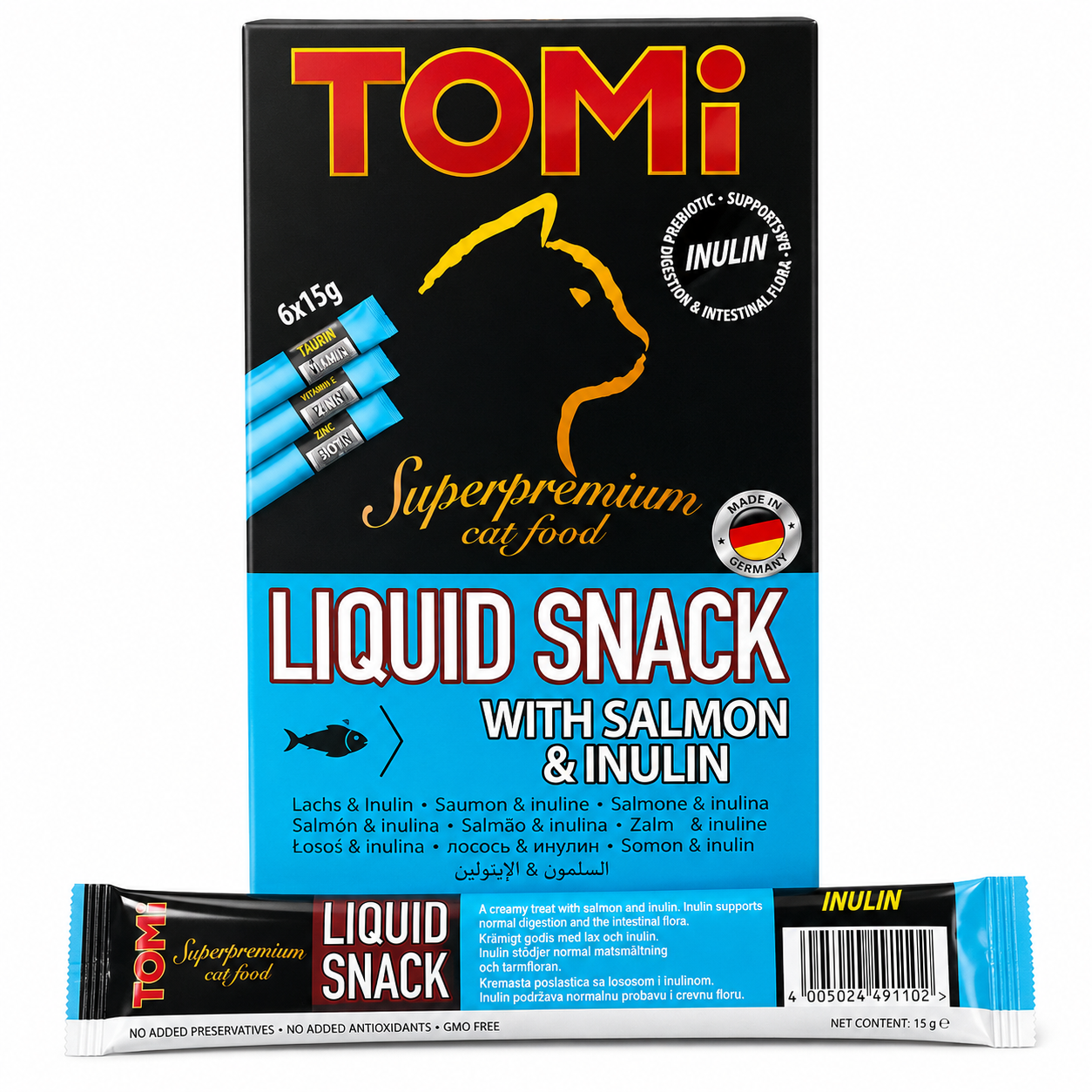 TOMi Liquid Snack with Salmon & Inulin for Cats 8 × 15g