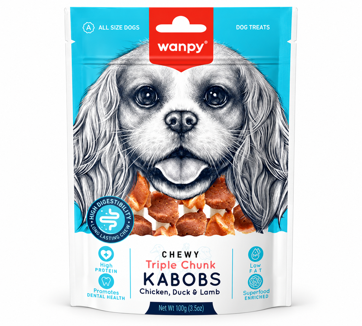 Wanpy Chewy Triple Chunk Kabobs Chicken, Duck & Lamb Dog Treats – 100g