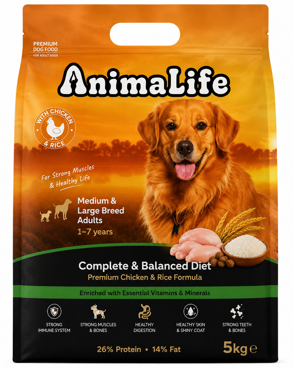 Animalife Dry Food with Chicken & Rice for Medium & Large Breed Adult Dogs (1–7 Years) 5 kg