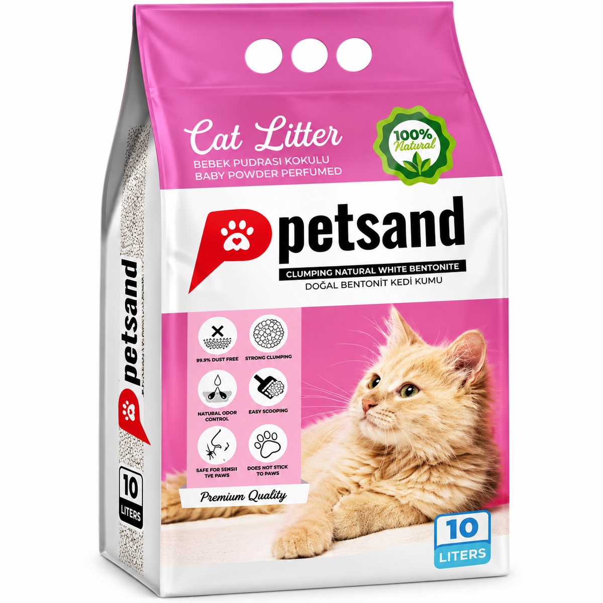 Petsand Natural White Bentonite Clumping Cat Litter – Baby Powder Scent 10L