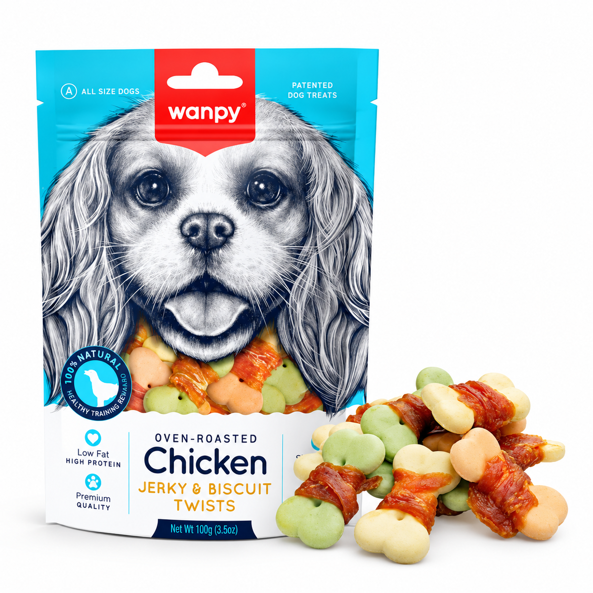 Wanpy Oven-Roasted Chicken Jerky & Biscuit Twists Dog Treats – 100g