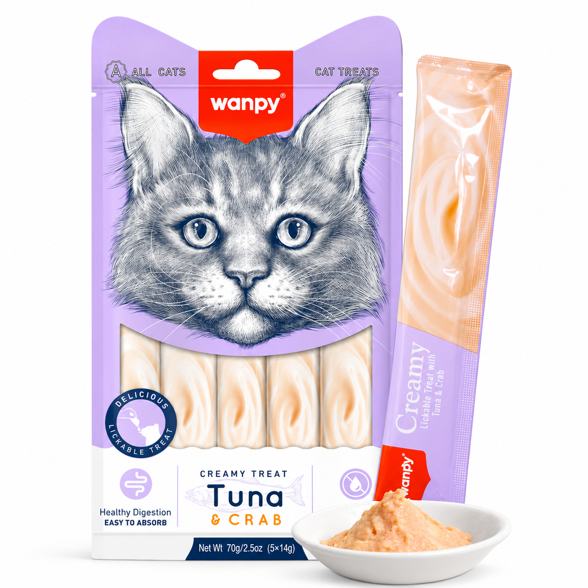 Wanpy Creamy Treat Tuna & Crab Cat Treats – 70g (5 × 14g)