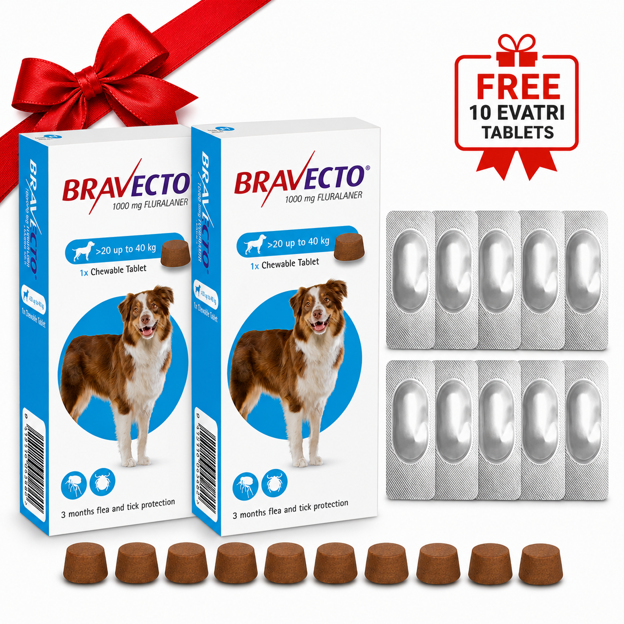 2 Bravecto 20–40 kg + 10 Free Evatri Tablets