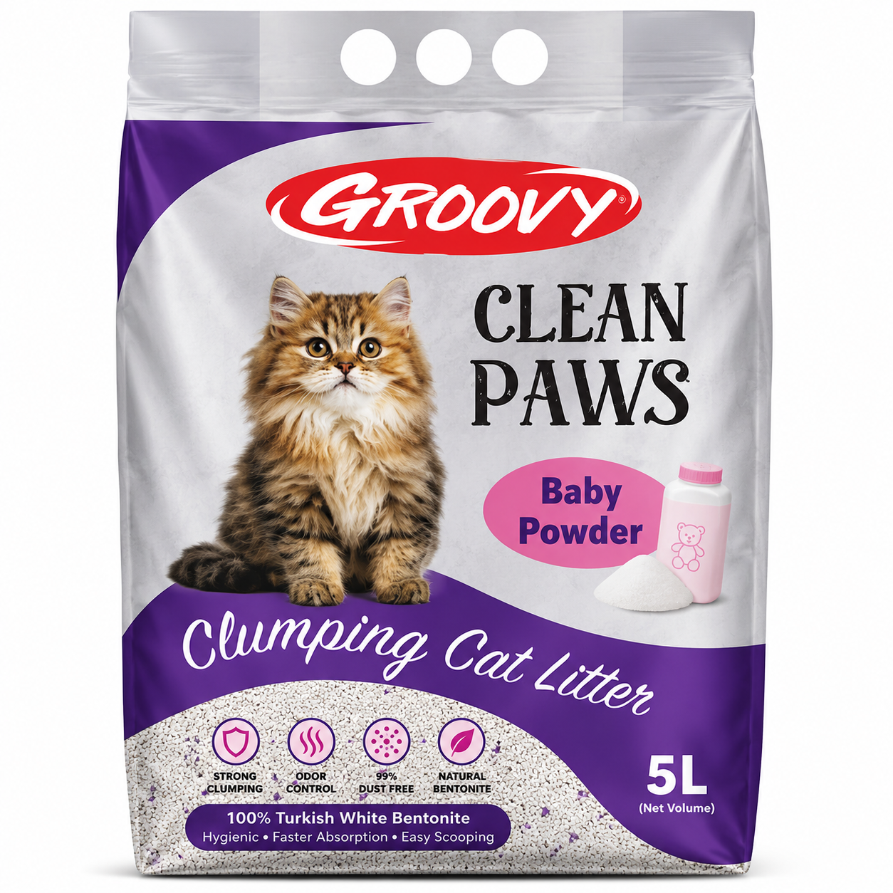 Groovy Clean Paws Bentonite Clumping Cat Litter Baby Powder Scent  5L