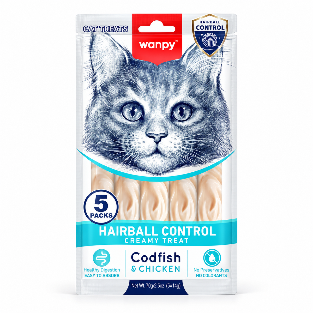 Wanpy Hairball Control Creamy Treat Codfish & Chicken – 70g (5 × 14g)