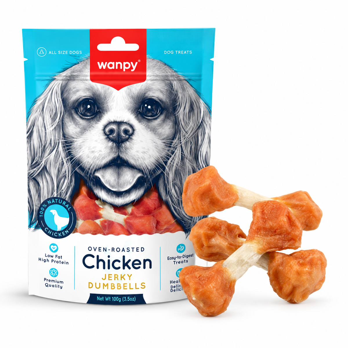 Wanpy Oven-Roasted Chicken Jerky Dumbbells Dog Treats – 100g