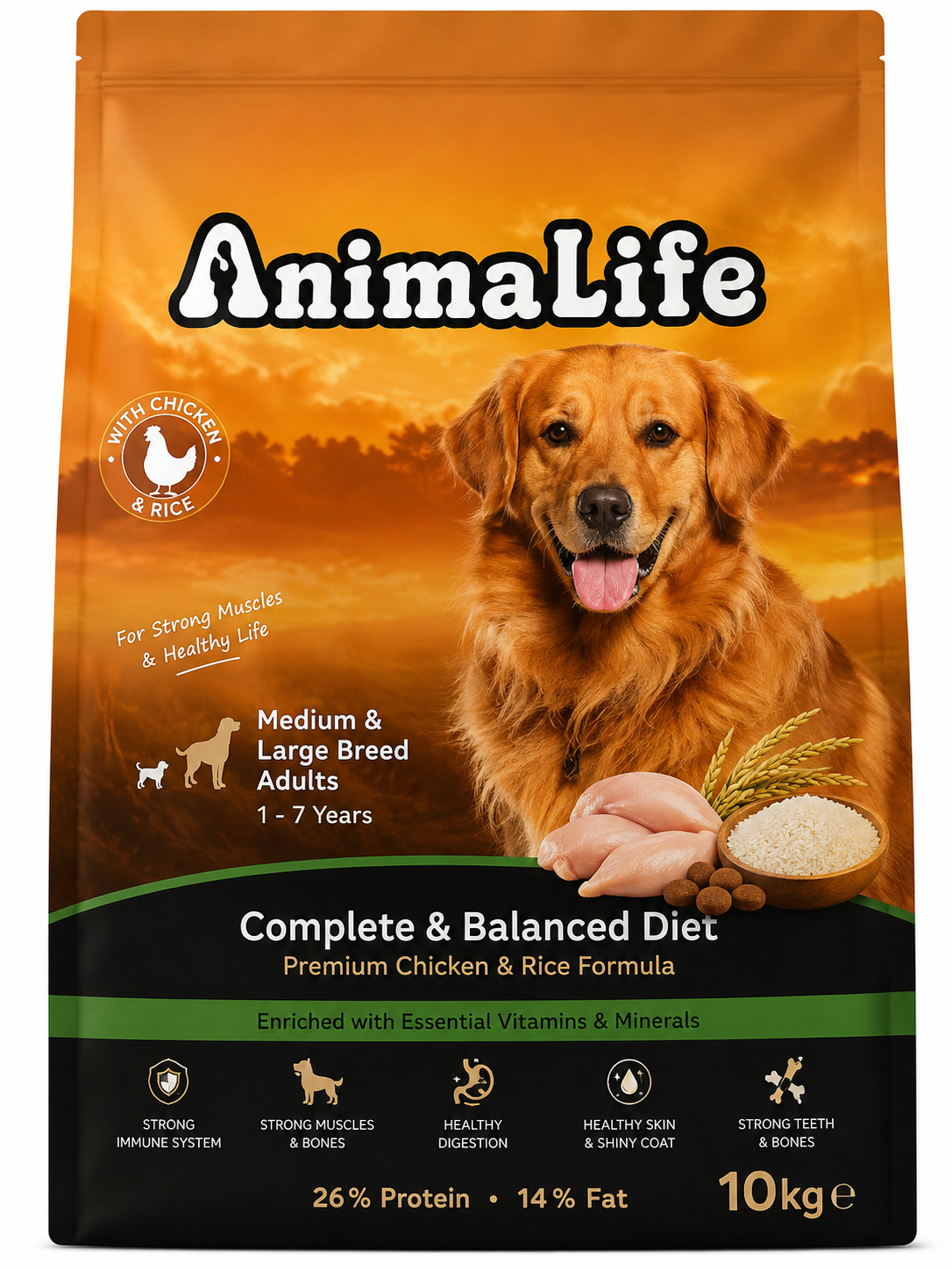 Animalife Dry Food with Chicken & Rice for Medium & Large Breed Adult Dogs (1–7 Years) – 10 kg