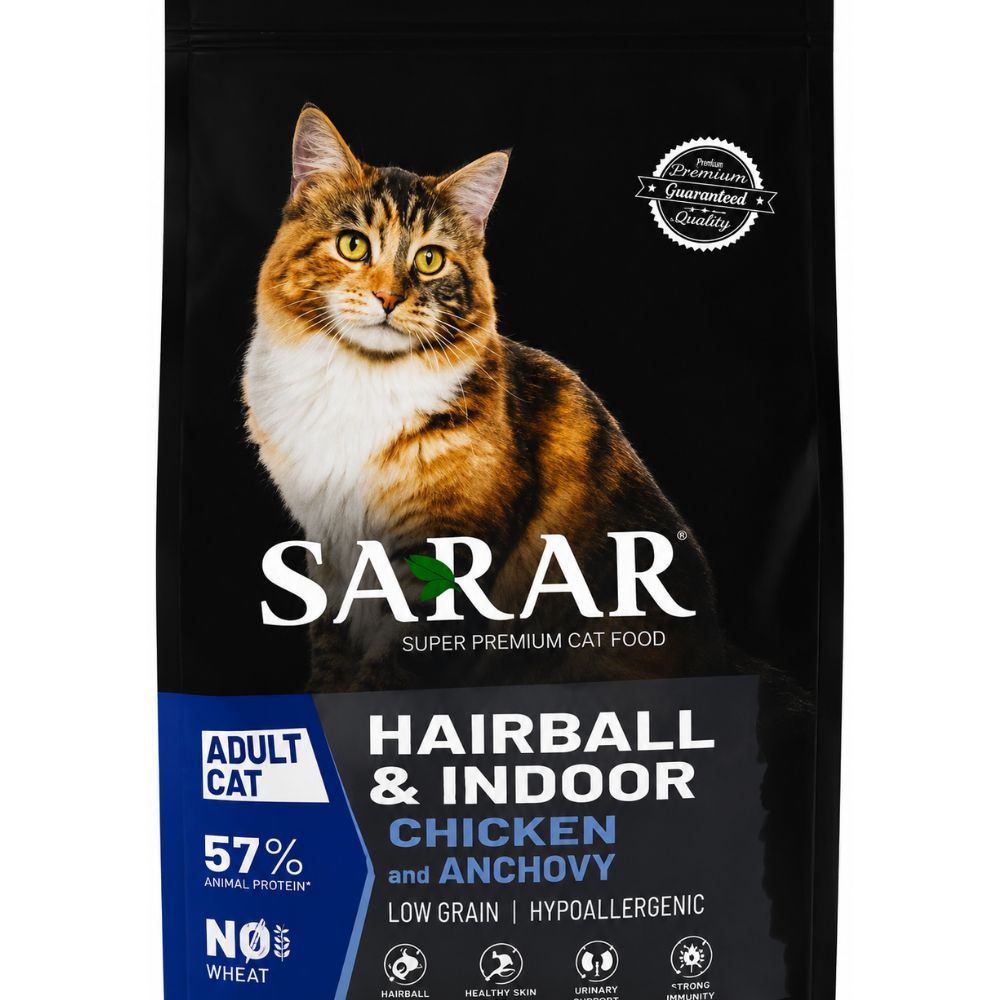Sarar Hypoallergenic Hairball Control Dry Food with Chicken & Anchovy for Long Hair & Indoor Adult Cats – 2 kg