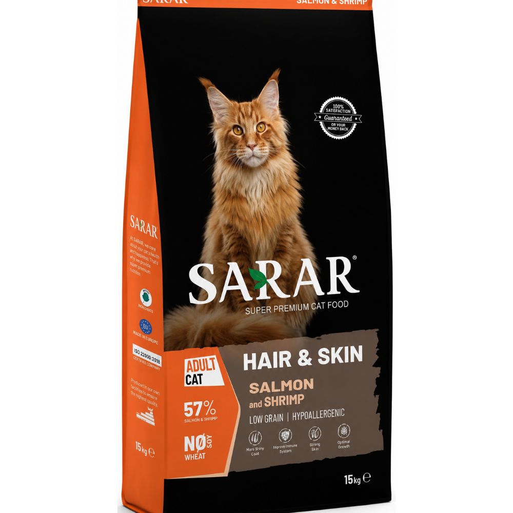 Sarar Dry Food for Adult Cats Hair & Skin Salmon & Shrimp Flavor | 32% Protein & 15% Fat | Supports Healthy Skin & Coat | 2kg