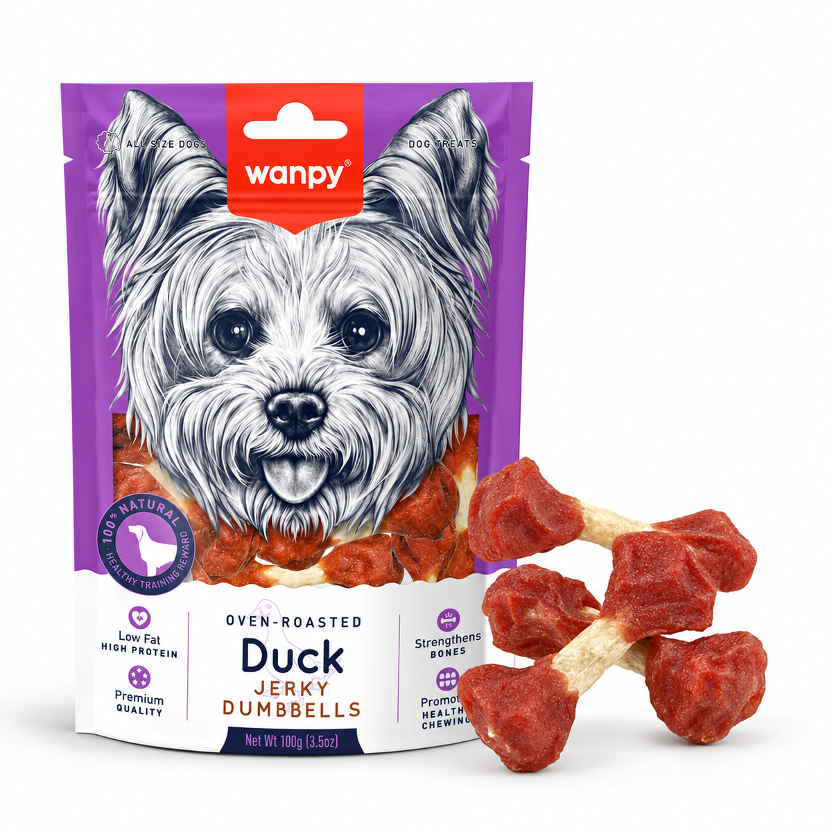 Wanpy Oven-Roasted Duck Jerky Dumbbells Dog Treats – 100g
