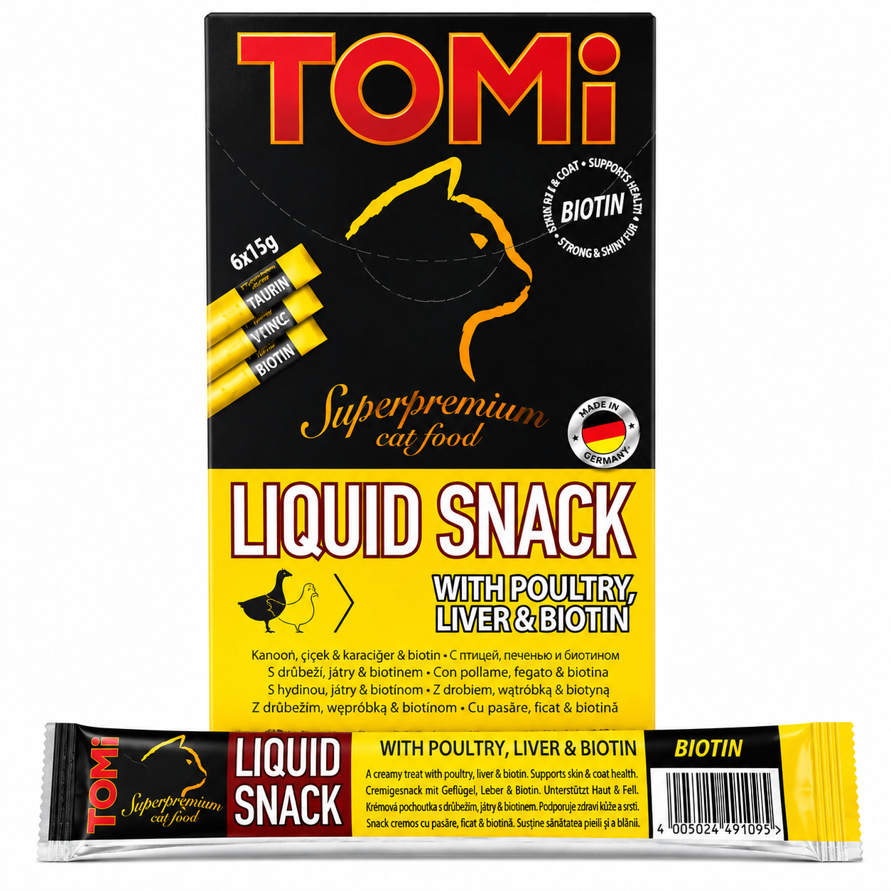 TOMi Liquid Snack with Poultry, Liver & Biotin for Cats  8 × 15g
